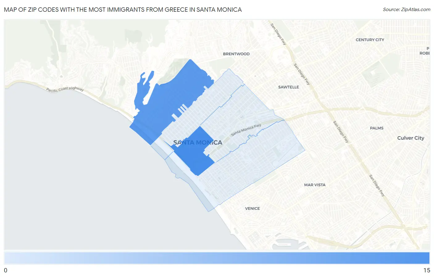 Zip Codes with the Most Immigrants from Greece in Santa Monica Map