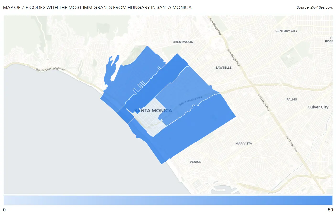 Zip Codes with the Most Immigrants from Hungary in Santa Monica Map