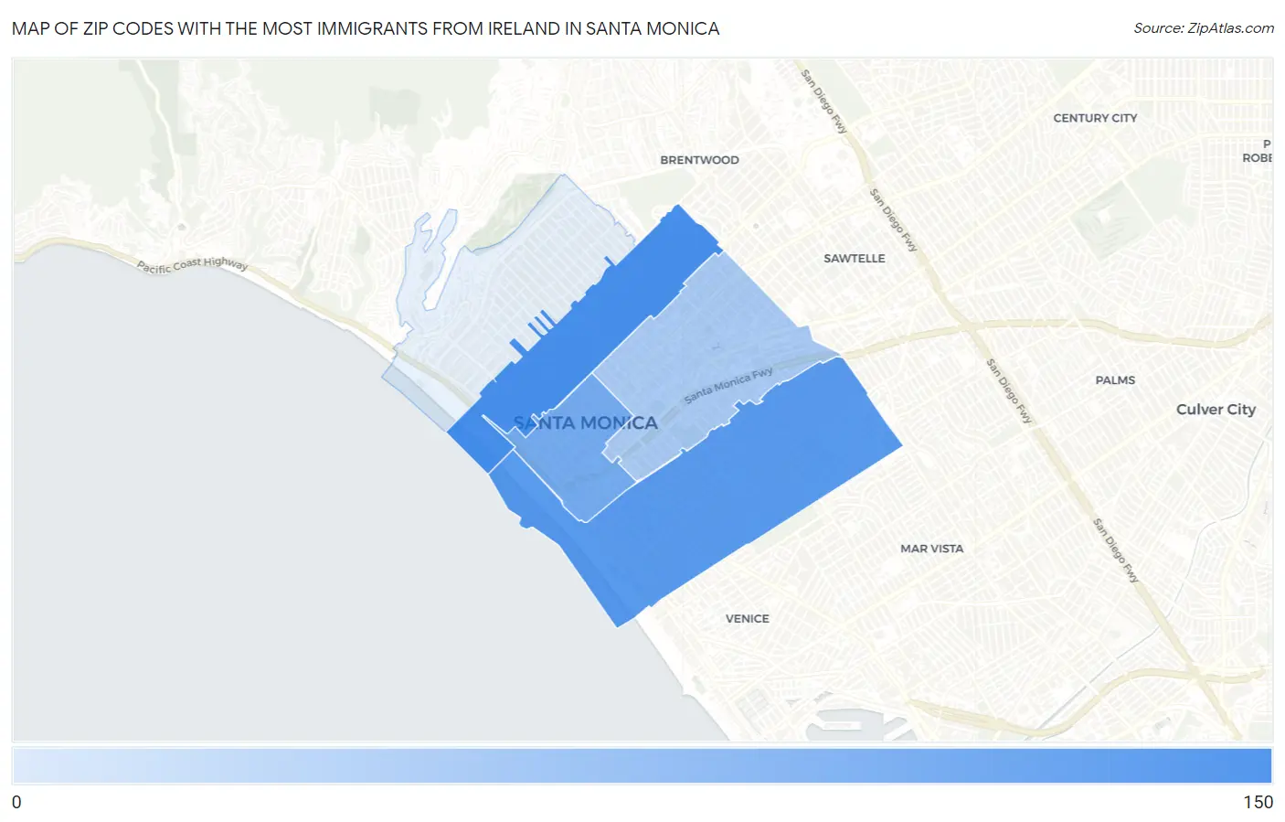 Zip Codes with the Most Immigrants from Ireland in Santa Monica Map