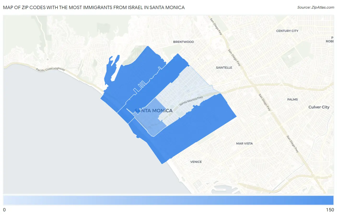Zip Codes with the Most Immigrants from Israel in Santa Monica Map