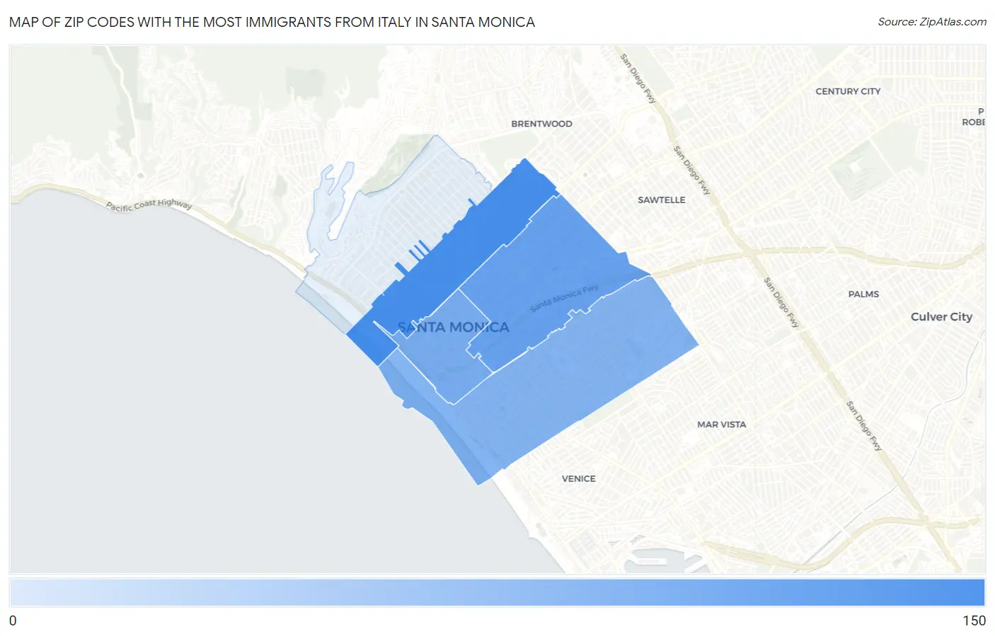 Zip Codes with the Most Immigrants from Italy in Santa Monica Map