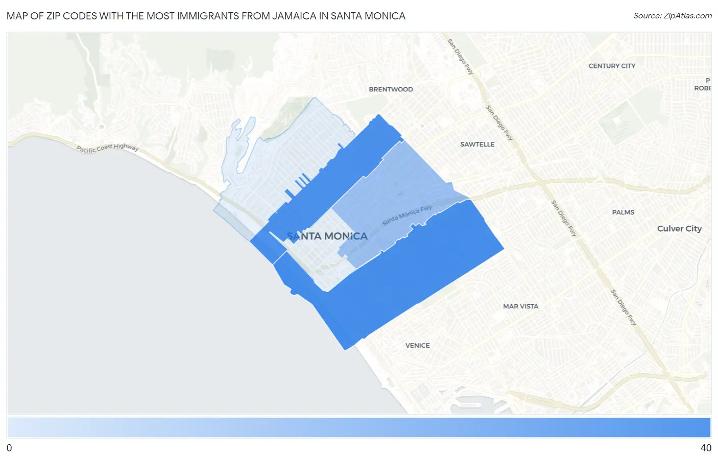 Zip Codes with the Most Immigrants from Jamaica in Santa Monica Map