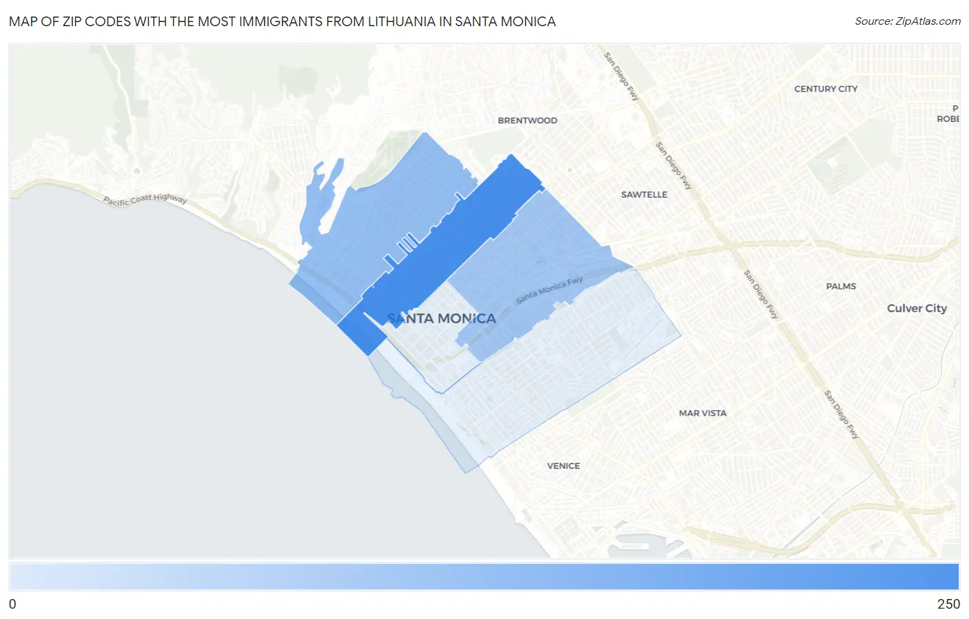 Zip Codes with the Most Immigrants from Lithuania in Santa Monica Map