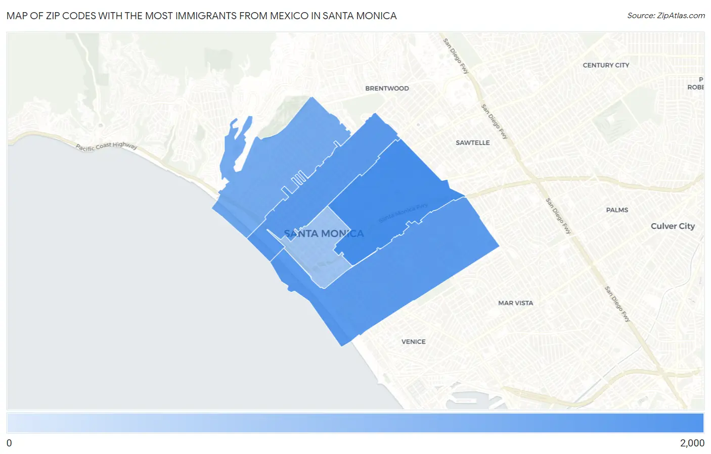 Zip Codes with the Most Immigrants from Mexico in Santa Monica Map