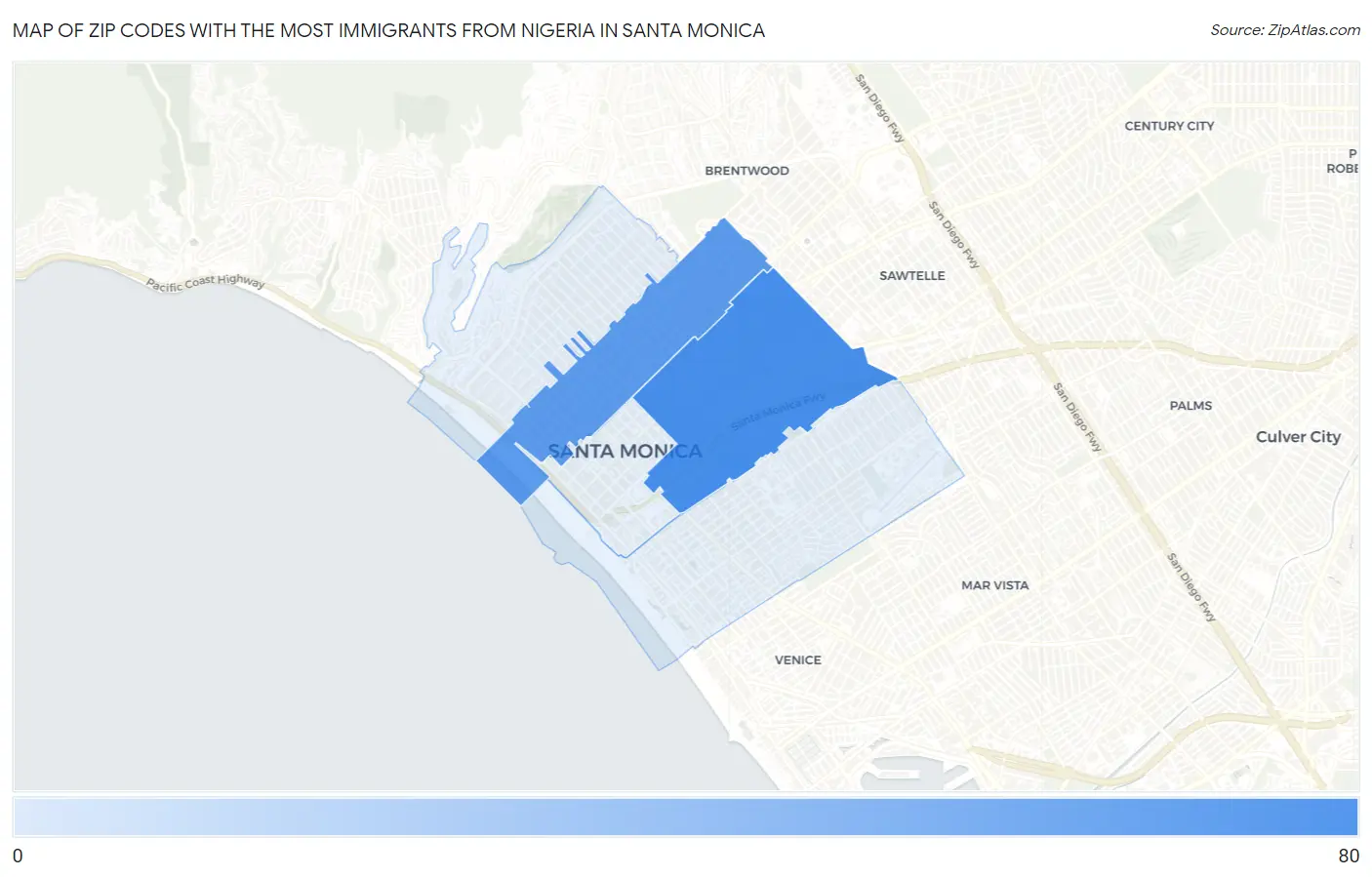 Zip Codes with the Most Immigrants from Nigeria in Santa Monica Map