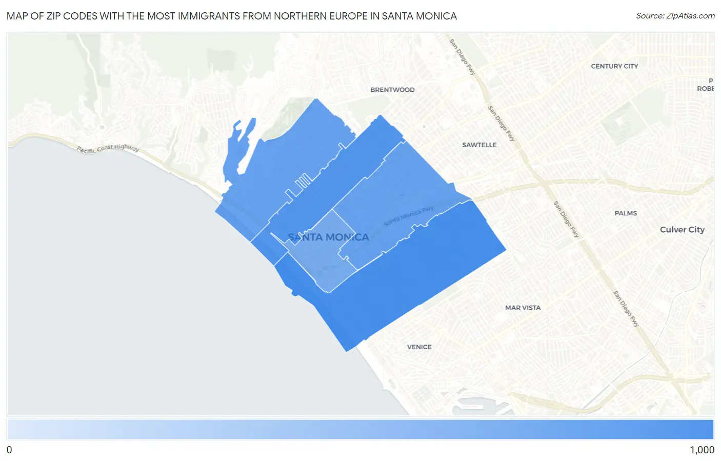 Zip Codes with the Most Immigrants from Northern Europe in Santa Monica Map