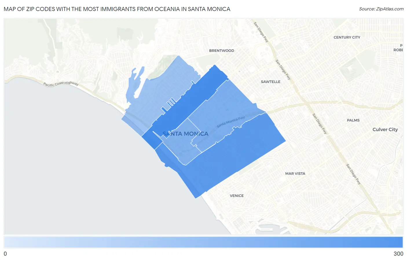 Zip Codes with the Most Immigrants from Oceania in Santa Monica Map