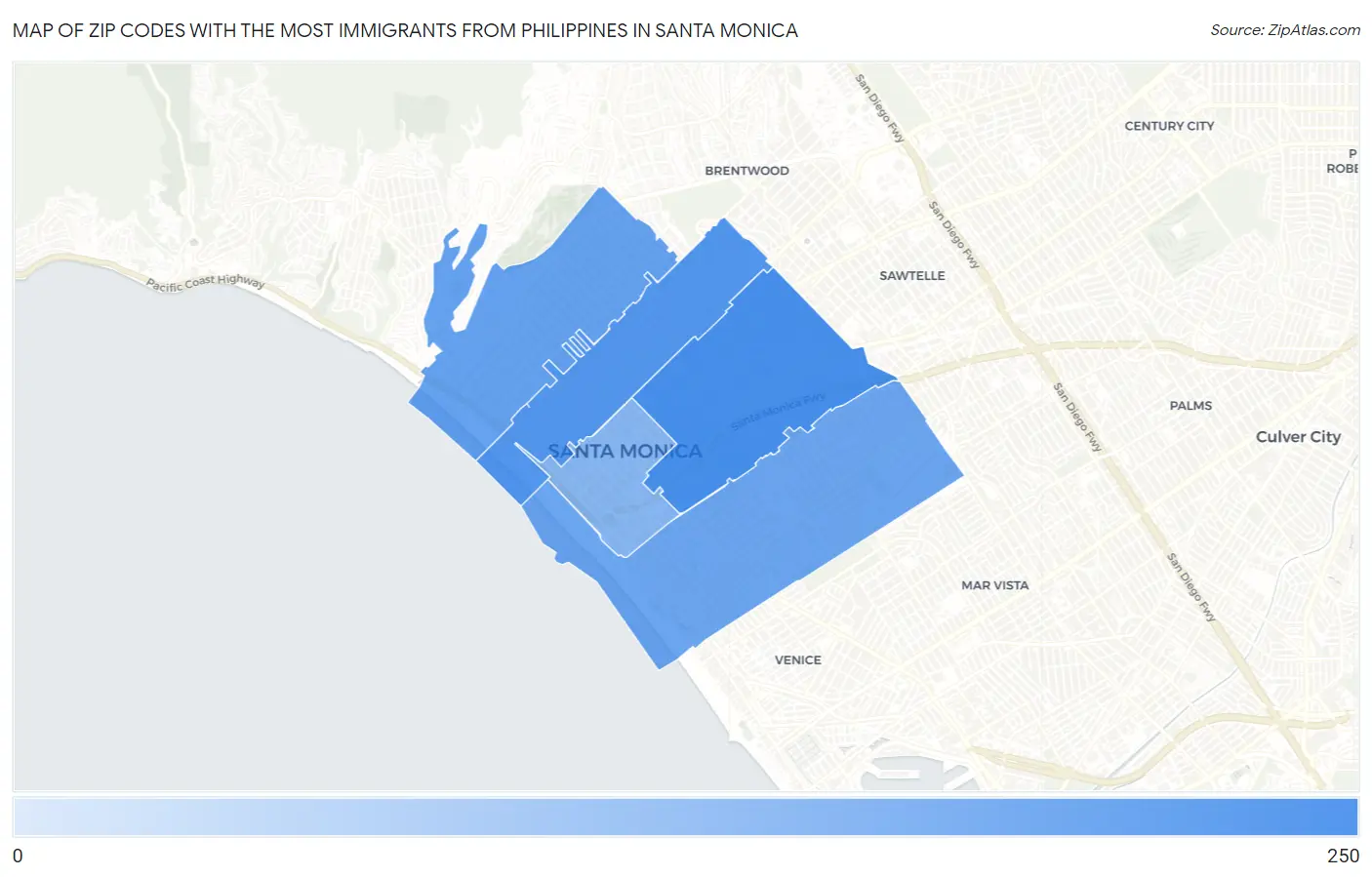 Zip Codes with the Most Immigrants from Philippines in Santa Monica Map