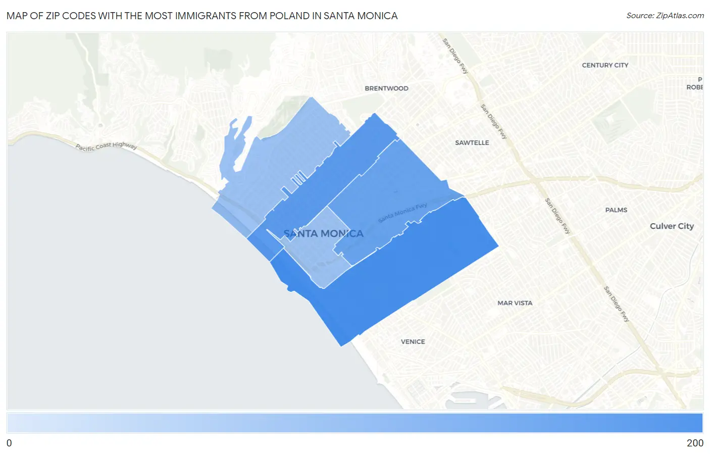 Zip Codes with the Most Immigrants from Poland in Santa Monica Map