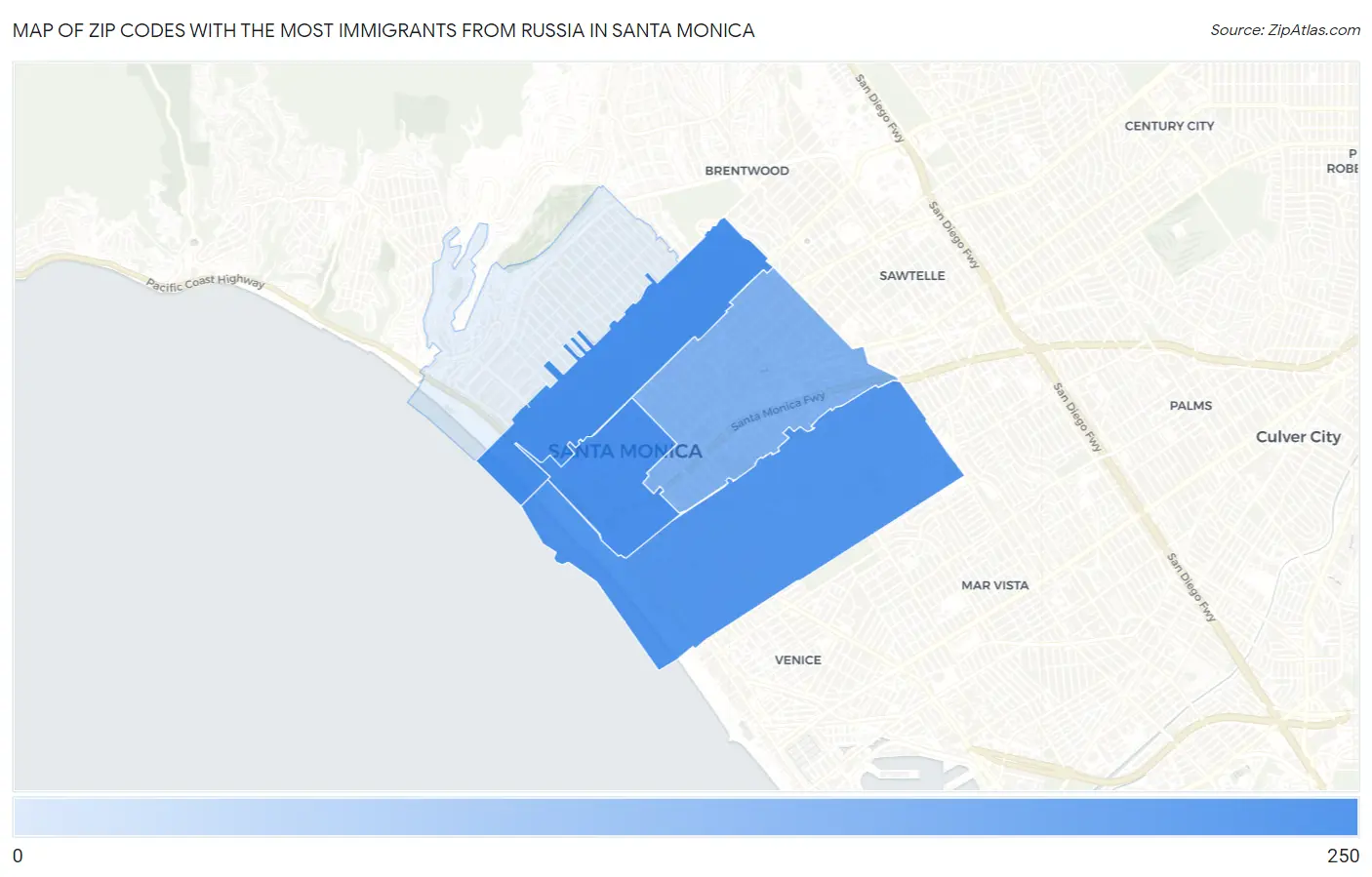 Zip Codes with the Most Immigrants from Russia in Santa Monica Map