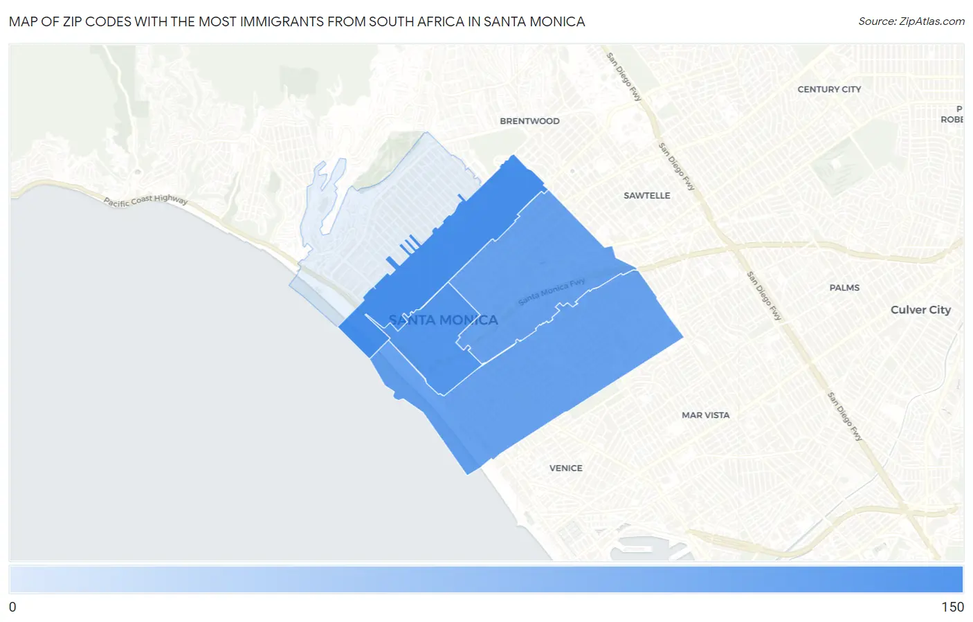 Zip Codes with the Most Immigrants from South Africa in Santa Monica Map