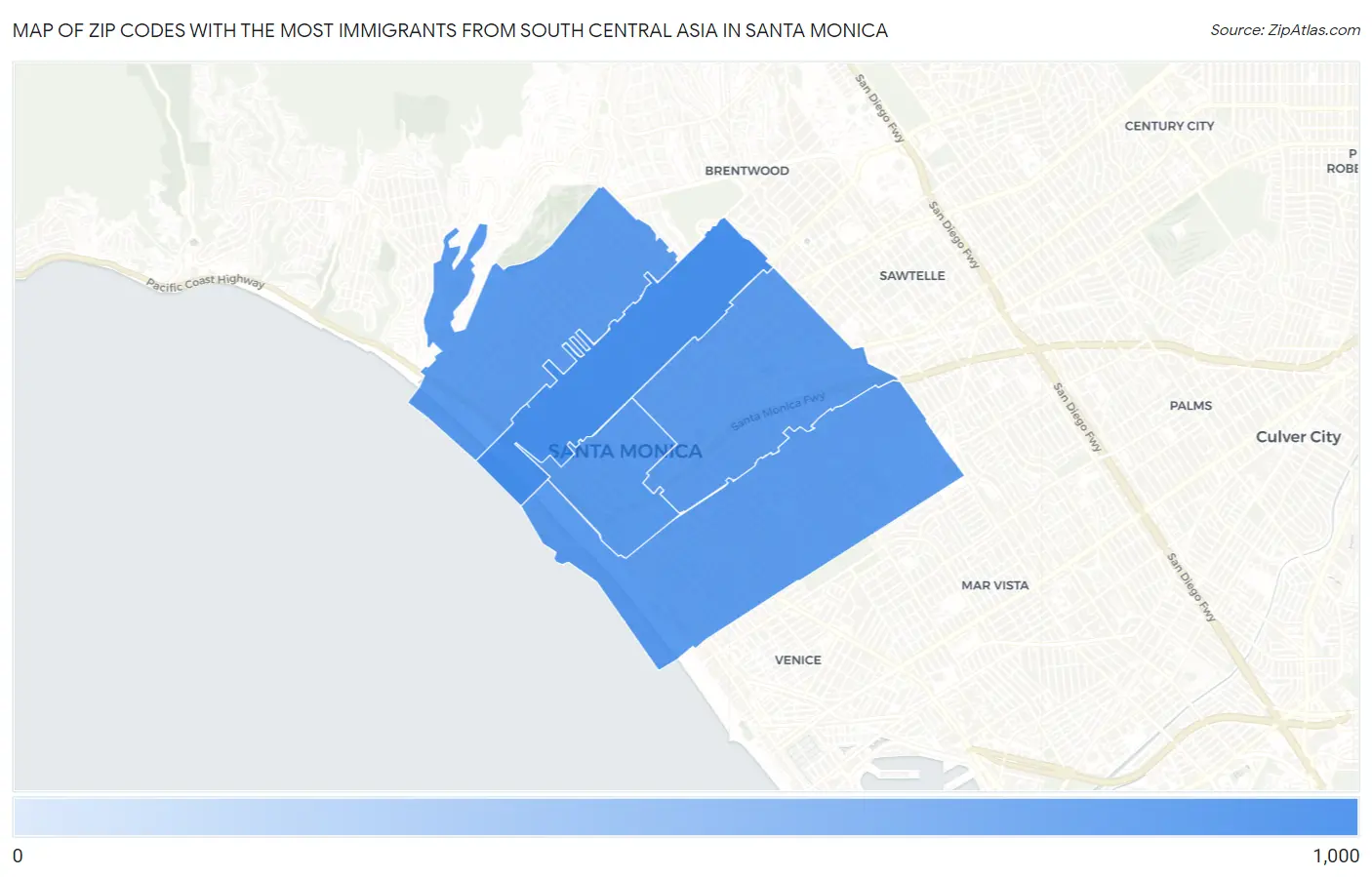 Zip Codes with the Most Immigrants from South Central Asia in Santa Monica Map