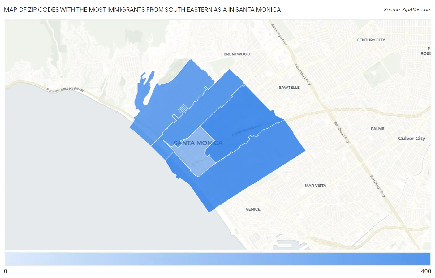 Zip Codes with the Most Immigrants from South Eastern Asia in Santa Monica Map