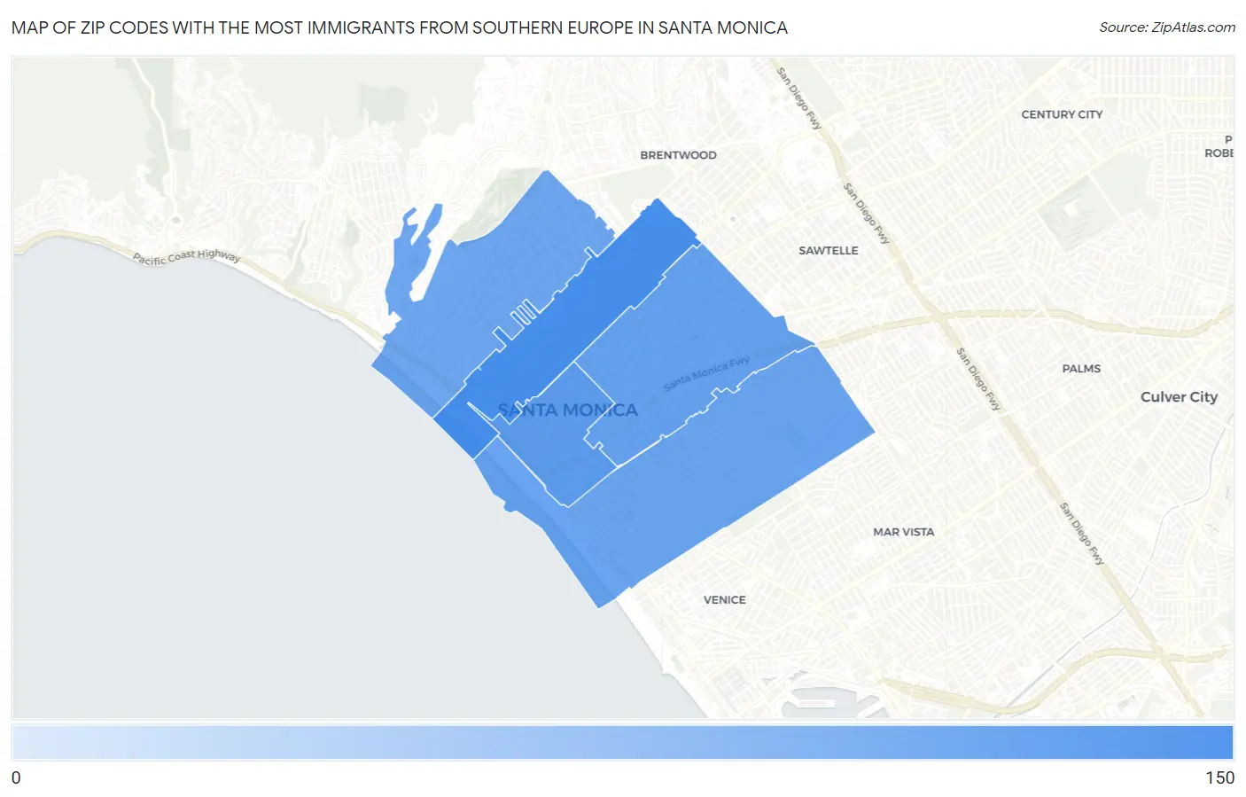 Zip Codes with the Most Immigrants from Southern Europe in Santa Monica Map