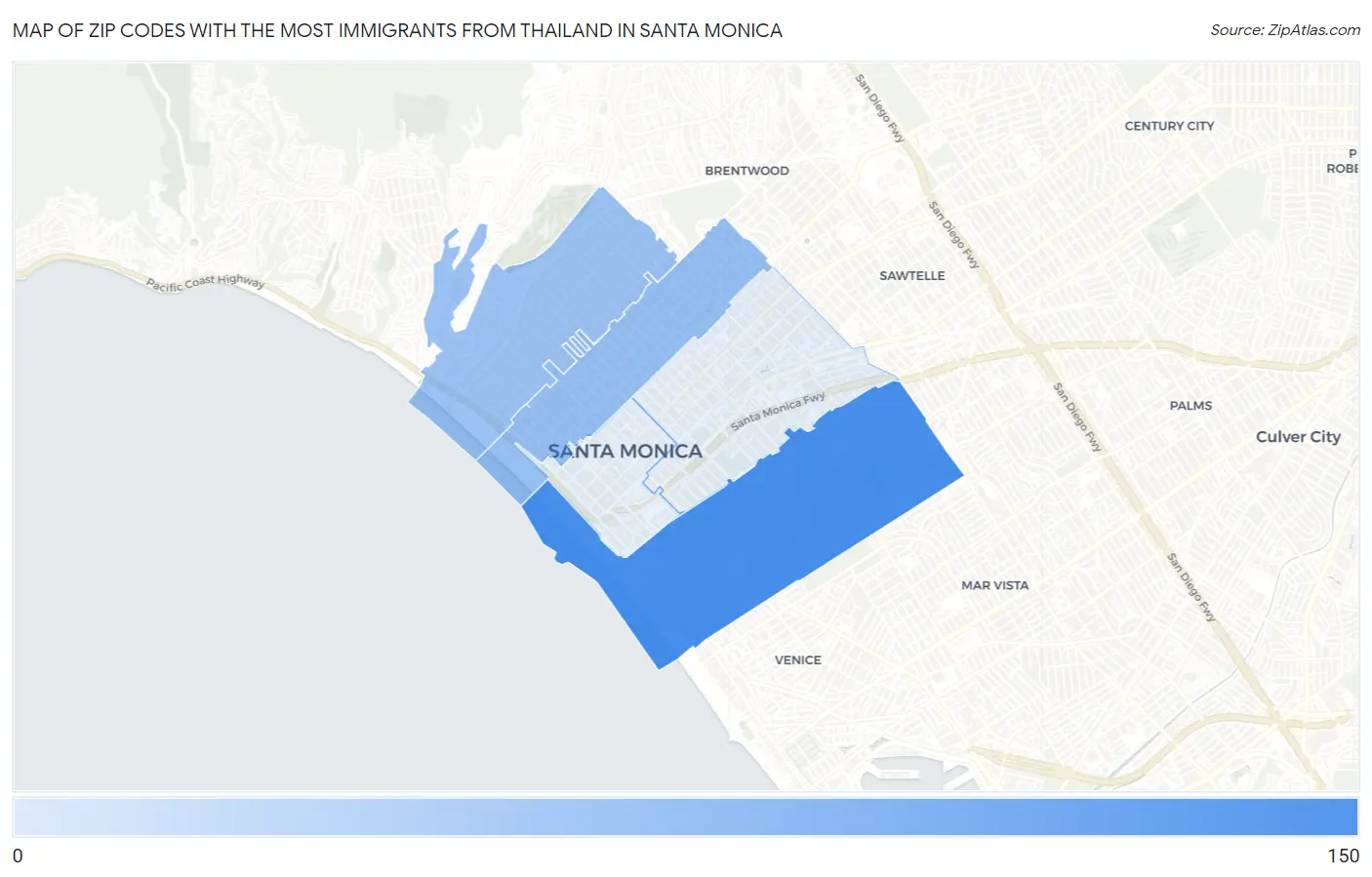 Zip Codes with the Most Immigrants from Thailand in Santa Monica Map