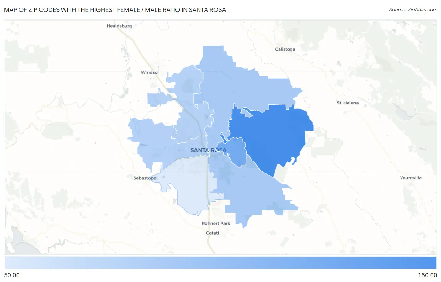 Zip Codes with the Highest Female / Male Ratio in Santa Rosa Map