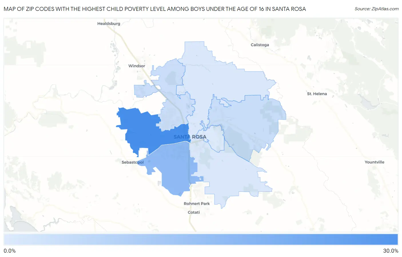 Zip Codes with the Highest Child Poverty Level Among Boys Under the Age of 16 in Santa Rosa Map