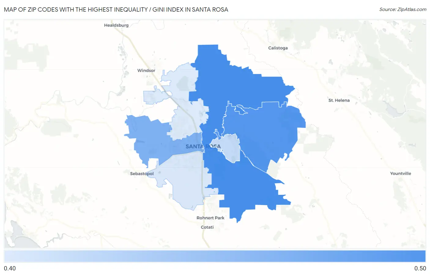 Zip Codes with the Highest Inequality / Gini Index in Santa Rosa Map