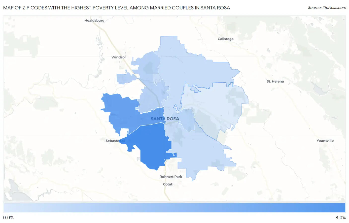 Zip Codes with the Highest Poverty Level Among Married Couples in Santa Rosa Map
