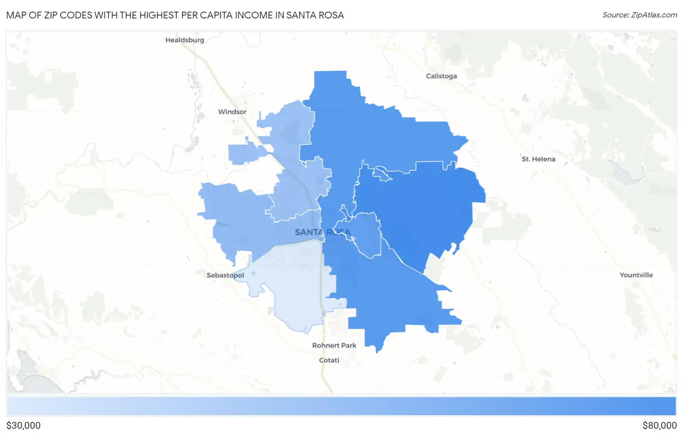 Zip Codes with the Highest Per Capita Income in Santa Rosa Map