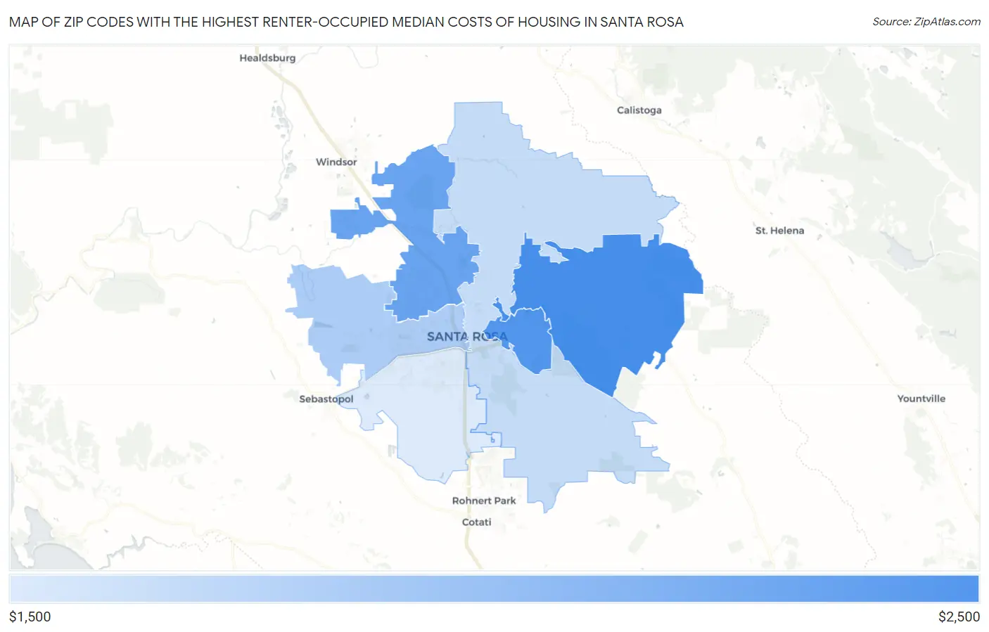 Zip Codes with the Highest Renter-Occupied Median Costs of Housing in Santa Rosa Map
