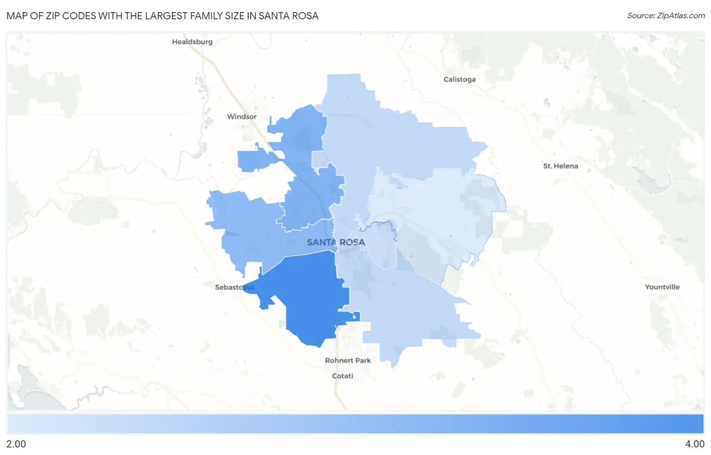 Zip Codes with the Largest Family Size in Santa Rosa Map