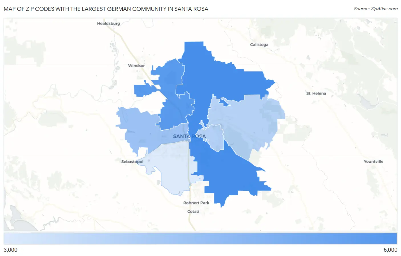 Zip Codes with the Largest German Community in Santa Rosa Map