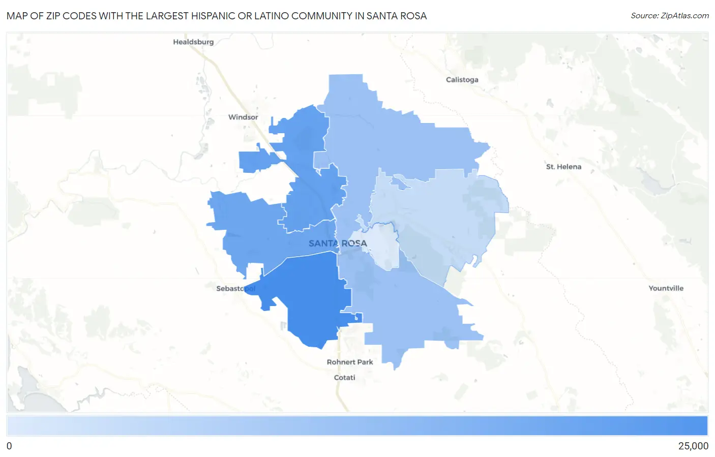 Zip Codes with the Largest Hispanic or Latino Community in Santa Rosa Map