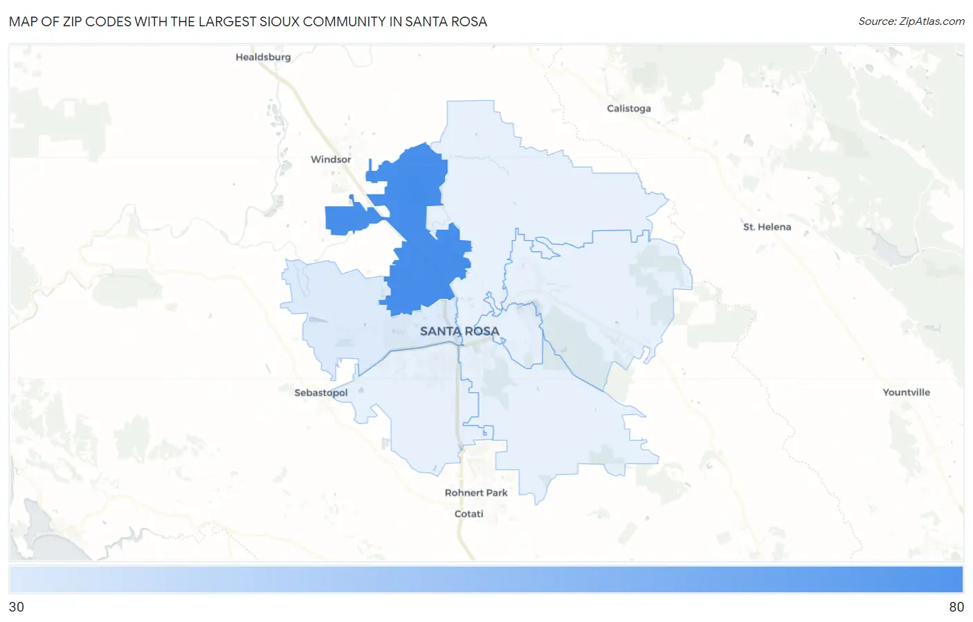 Zip Codes with the Largest Sioux Community in Santa Rosa Map