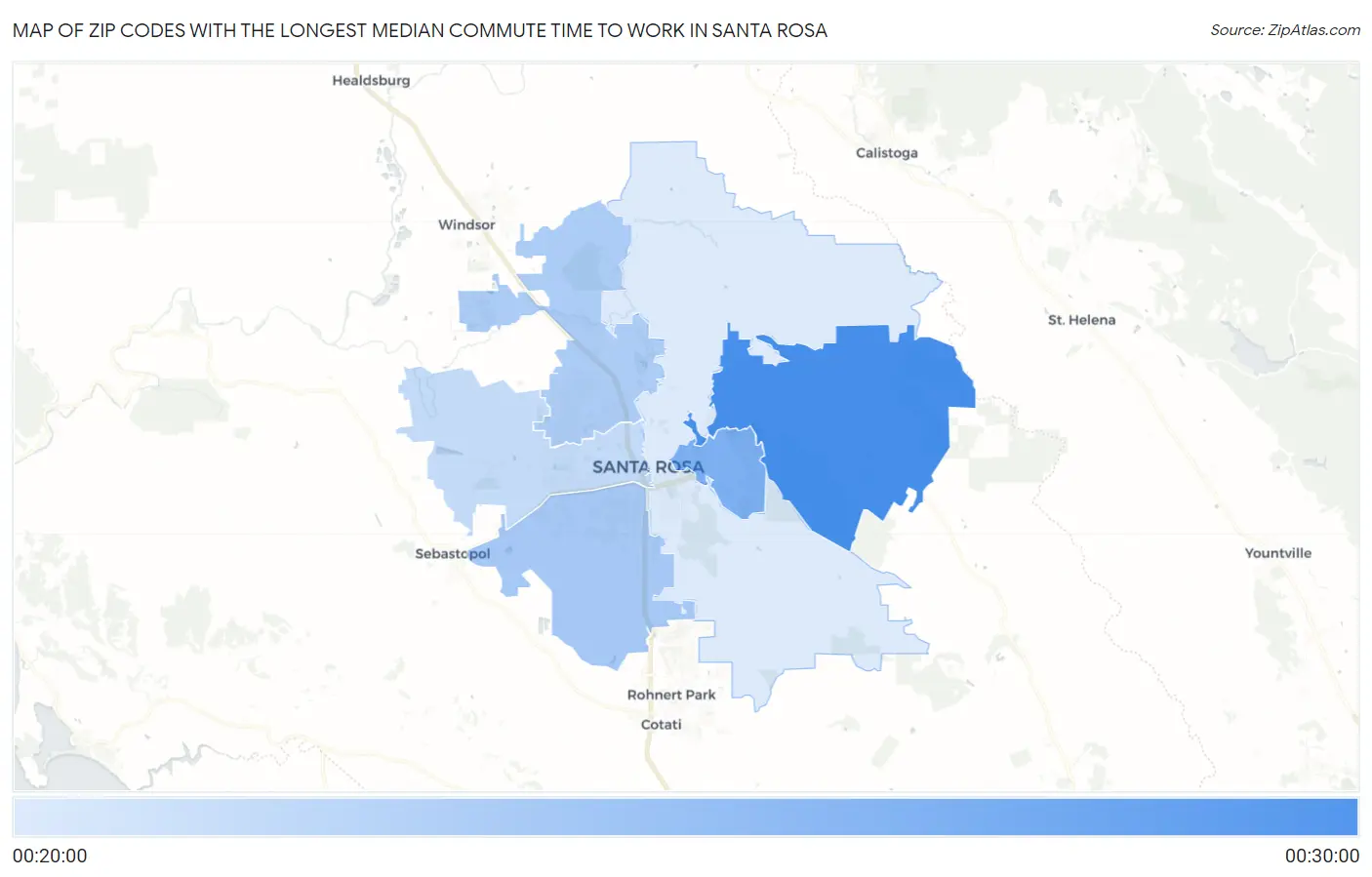 Zip Codes with the Longest Median Commute Time to Work in Santa Rosa Map