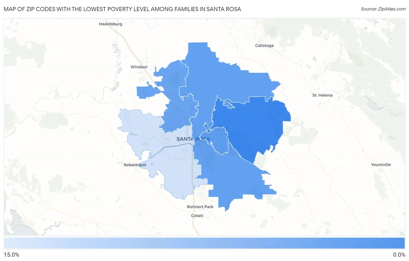 Zip Codes with the Lowest Poverty Level Among Families in Santa Rosa Map