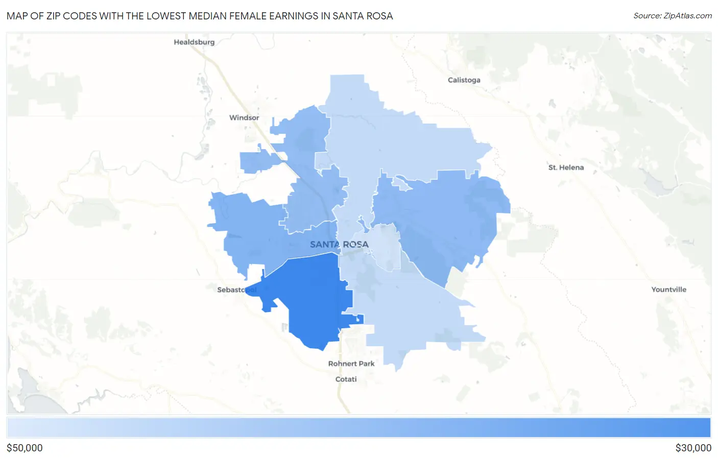 Zip Codes with the Lowest Median Female Earnings in Santa Rosa Map