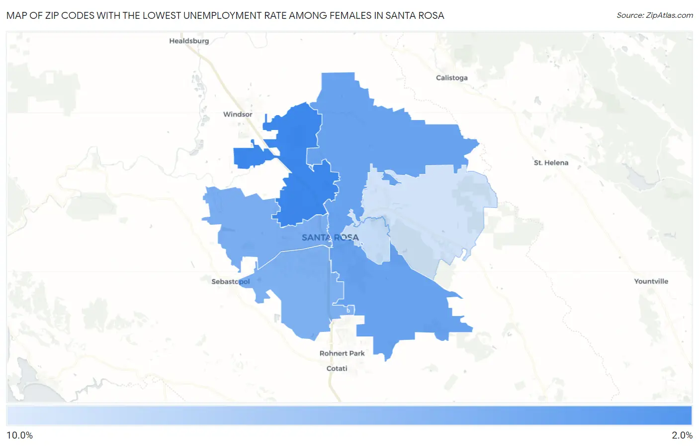 Zip Codes with the Lowest Unemployment Rate Among Females in Santa Rosa Map