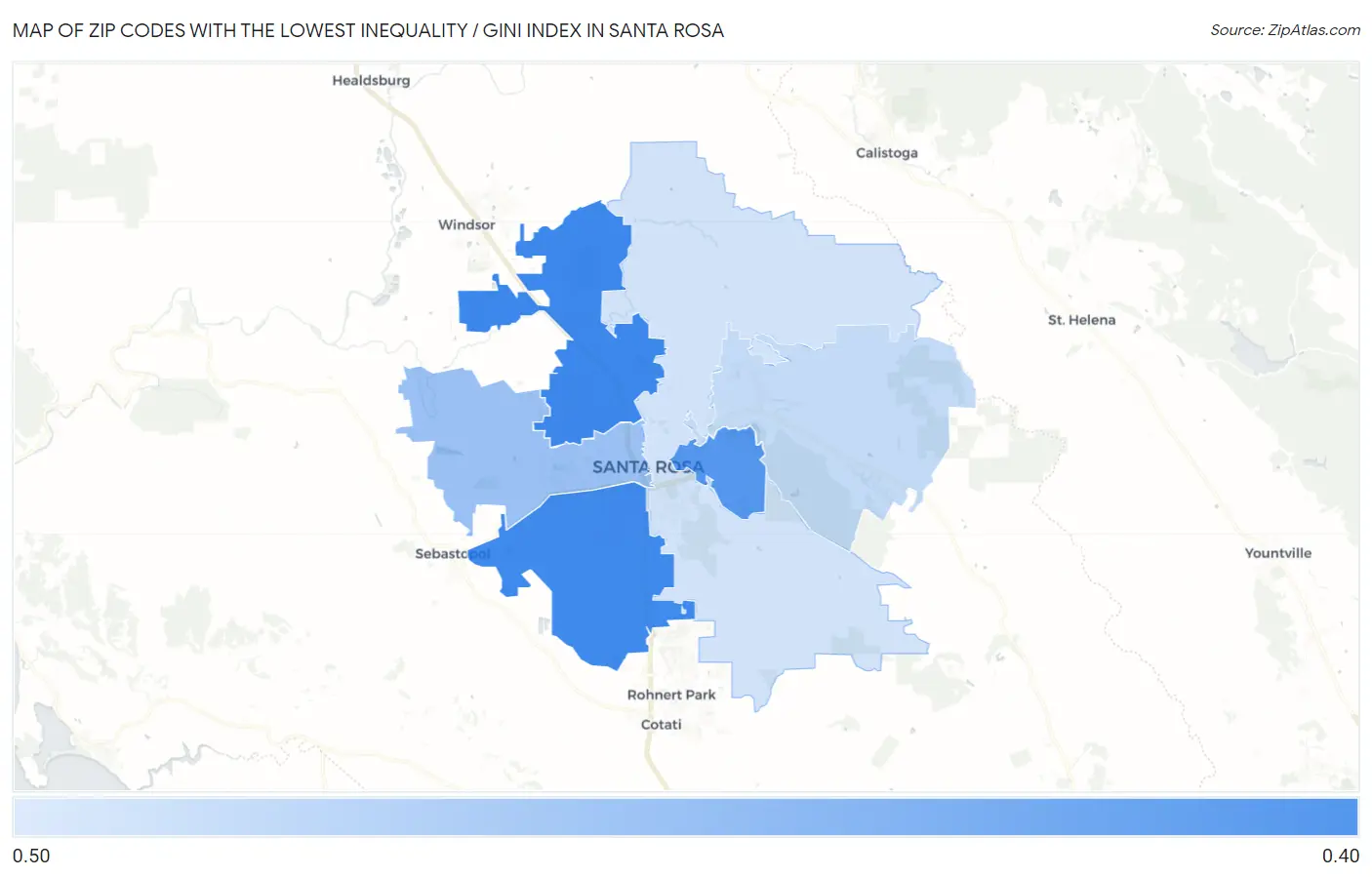 Zip Codes with the Lowest Inequality / Gini Index in Santa Rosa Map