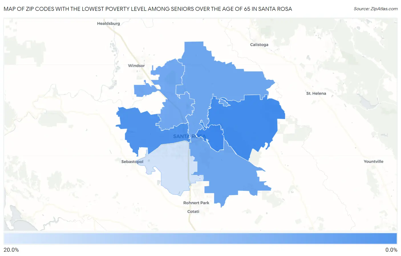 Zip Codes with the Lowest Poverty Level Among Seniors Over the Age of 65 in Santa Rosa Map
