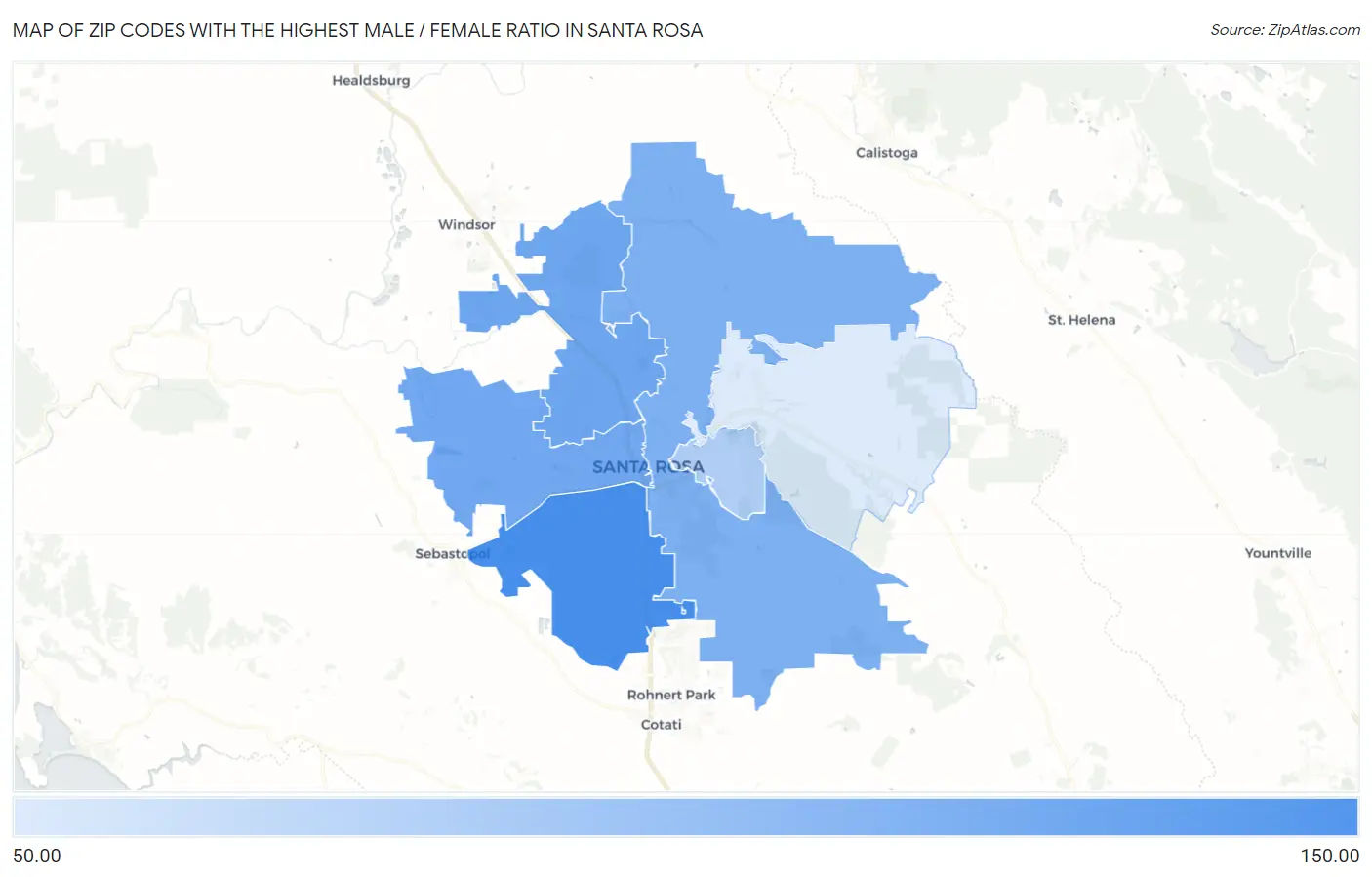 Zip Codes with the Highest Male / Female Ratio in Santa Rosa Map