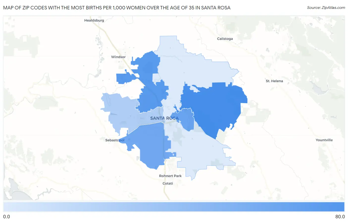Zip Codes with the Most Births per 1,000 Women Over the Age of 35 in Santa Rosa Map