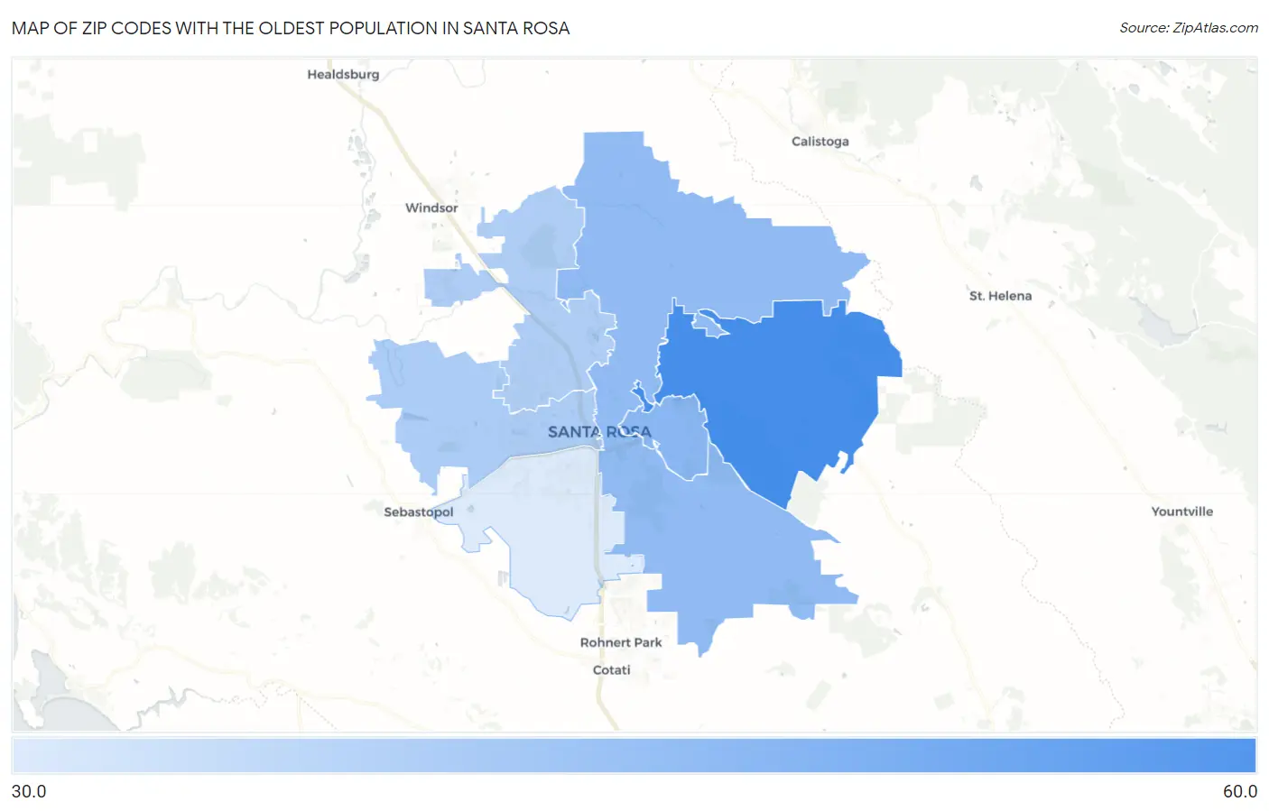 Zip Codes with the Oldest Population in Santa Rosa Map