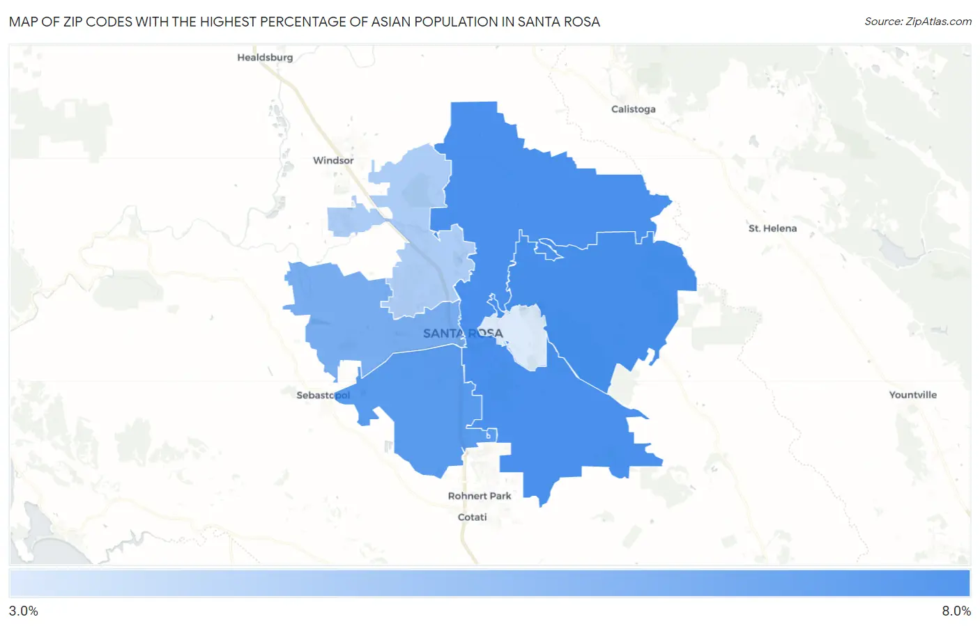 Zip Codes with the Highest Percentage of Asian Population in Santa Rosa Map