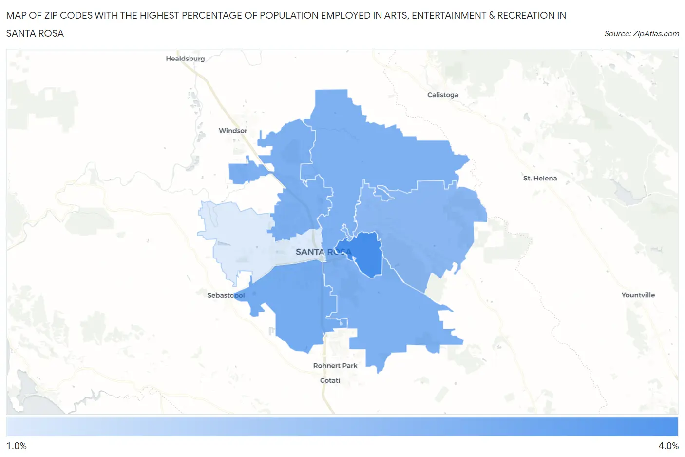 Zip Codes with the Highest Percentage of Population Employed in Arts, Entertainment & Recreation in Santa Rosa Map