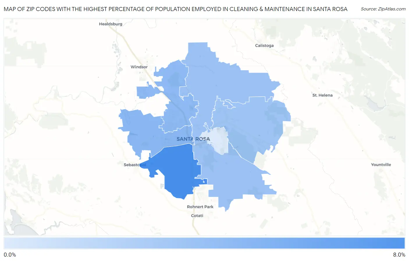 Zip Codes with the Highest Percentage of Population Employed in Cleaning & Maintenance in Santa Rosa Map