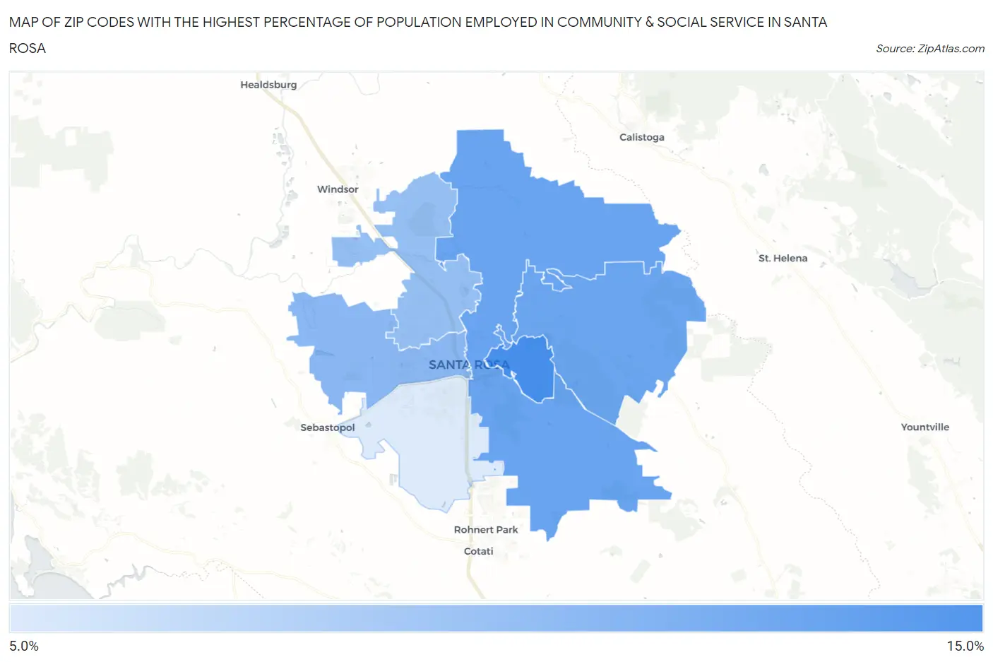 Zip Codes with the Highest Percentage of Population Employed in Community & Social Service  in Santa Rosa Map