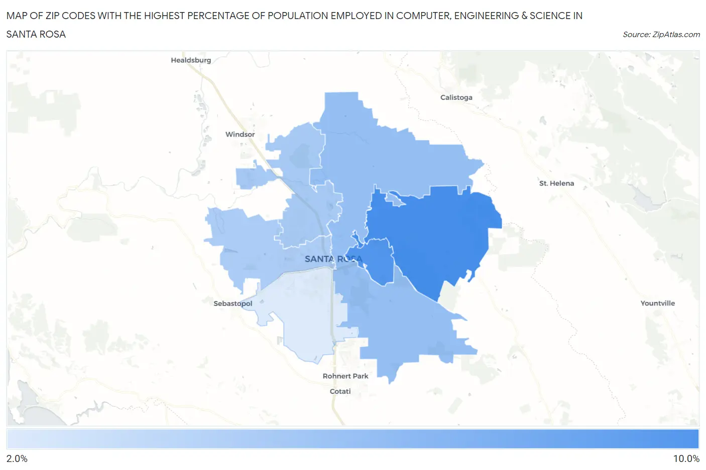 Zip Codes with the Highest Percentage of Population Employed in Computer, Engineering & Science in Santa Rosa Map