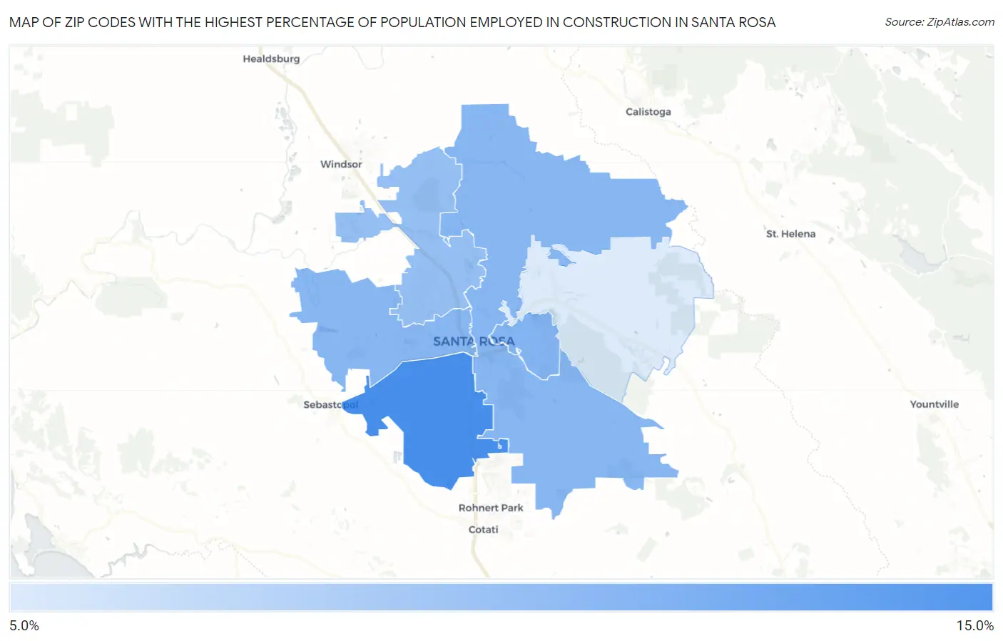 Zip Codes with the Highest Percentage of Population Employed in Construction in Santa Rosa Map