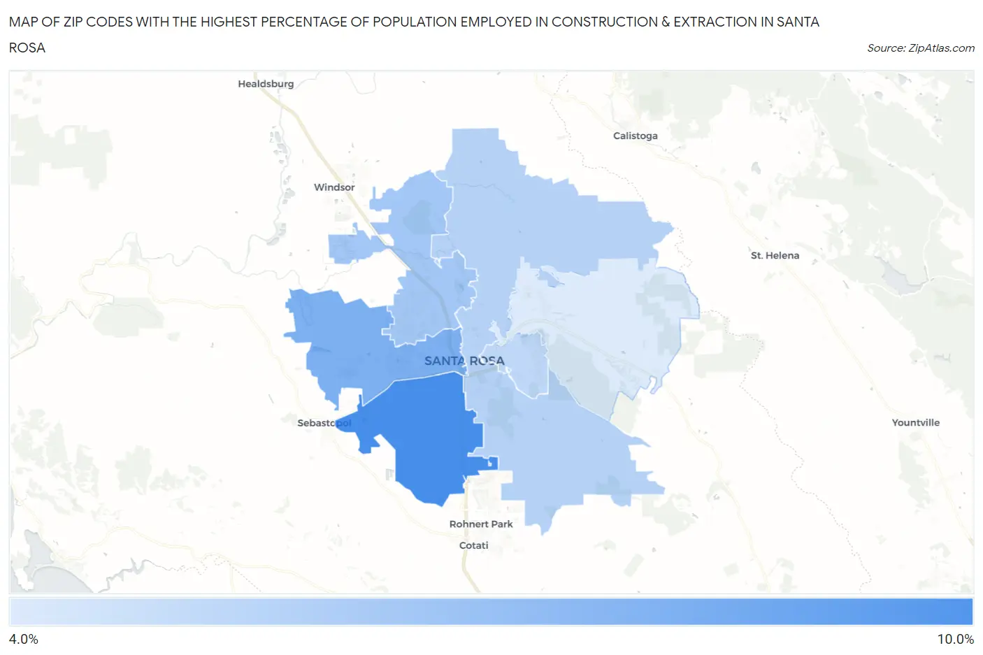 Zip Codes with the Highest Percentage of Population Employed in Construction & Extraction in Santa Rosa Map