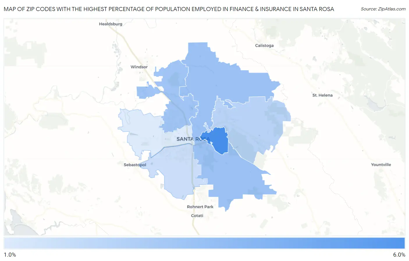 Zip Codes with the Highest Percentage of Population Employed in Finance & Insurance in Santa Rosa Map