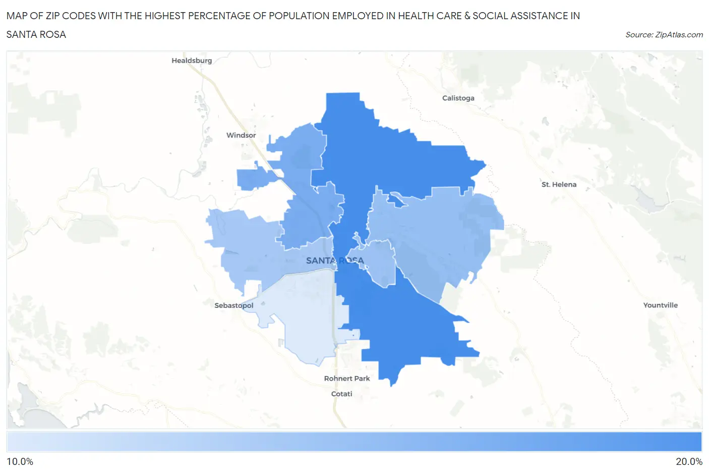 Zip Codes with the Highest Percentage of Population Employed in Health Care & Social Assistance in Santa Rosa Map