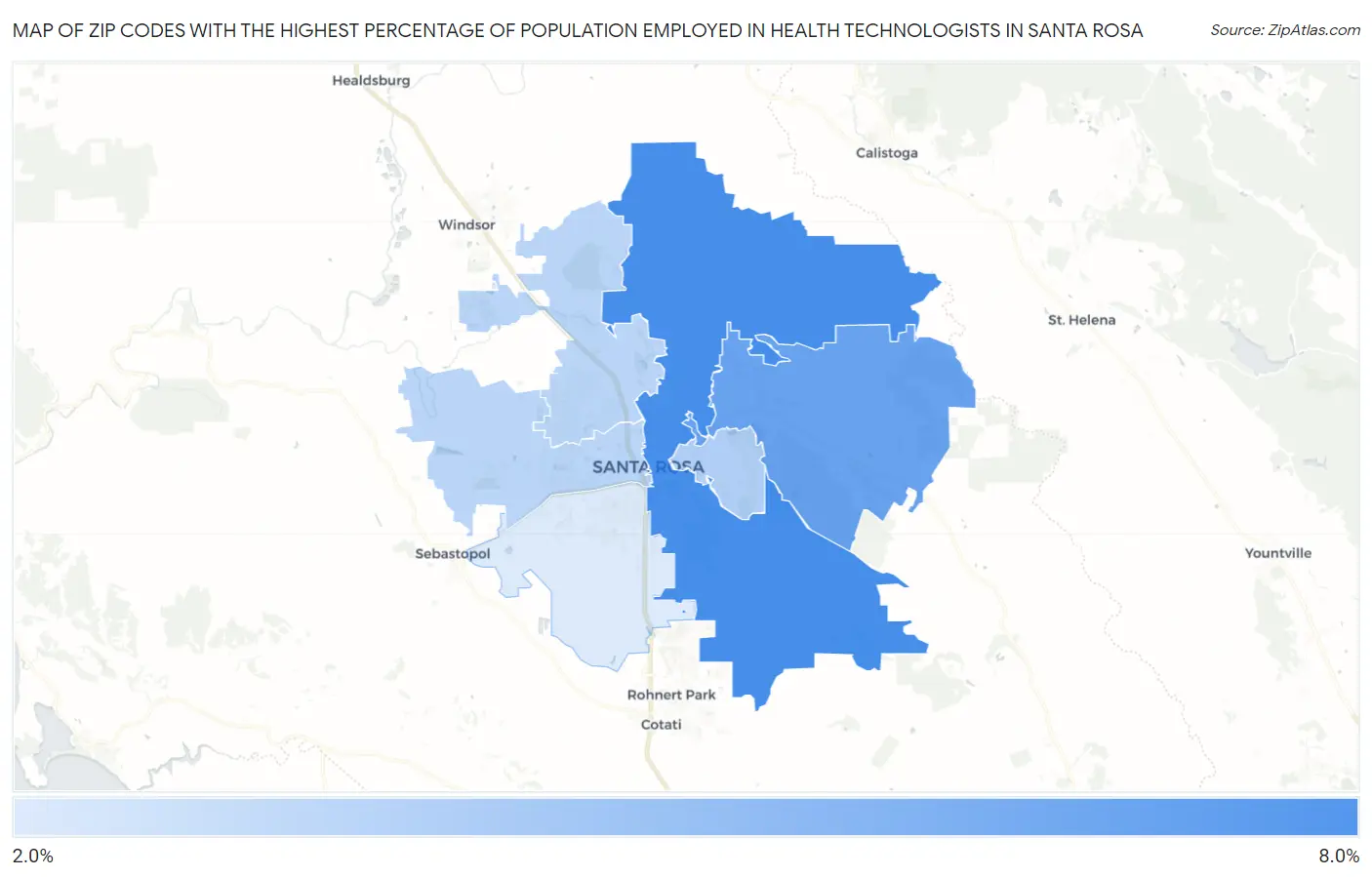 Zip Codes with the Highest Percentage of Population Employed in Health Technologists in Santa Rosa Map