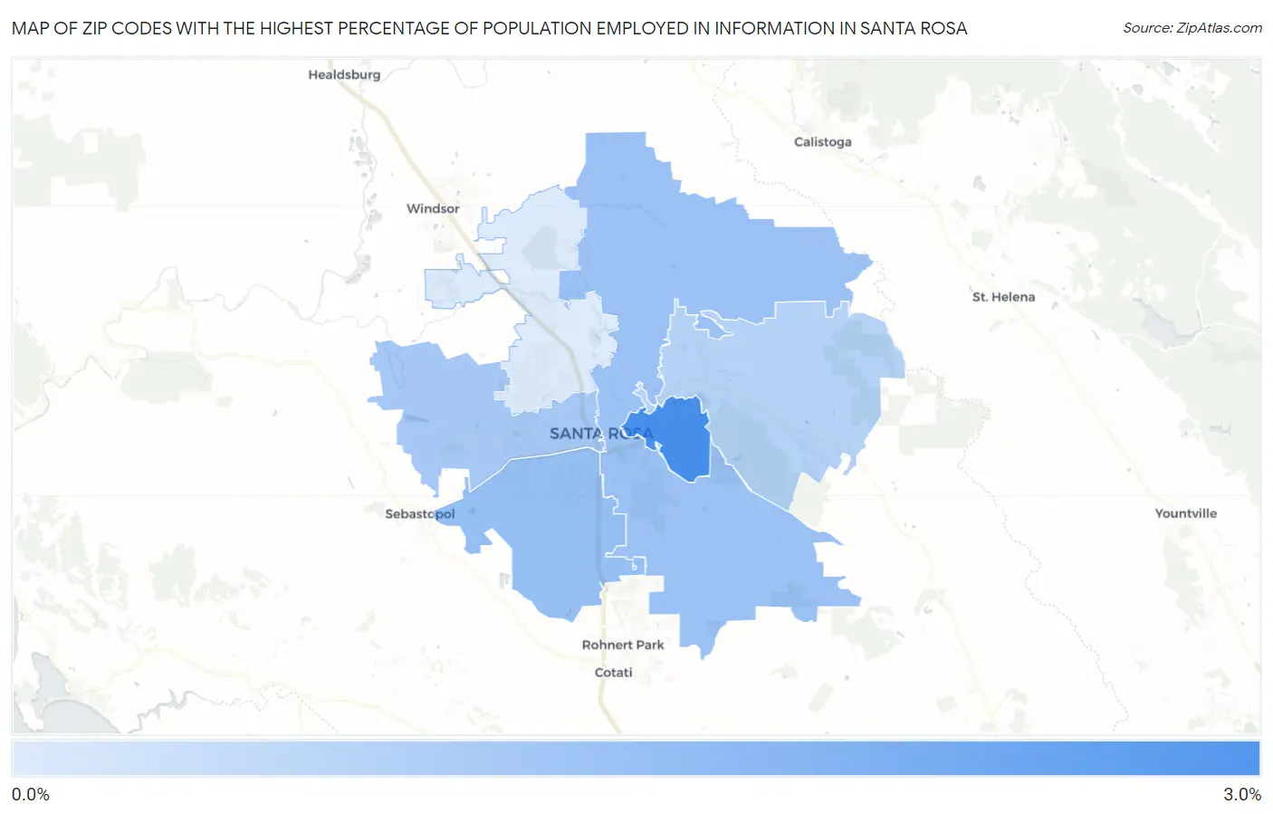 Zip Codes with the Highest Percentage of Population Employed in Information in Santa Rosa Map