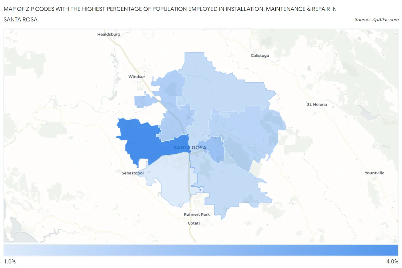 Zip Codes with the Highest Percentage of Population Employed in Installation, Maintenance & Repair in Santa Rosa Map